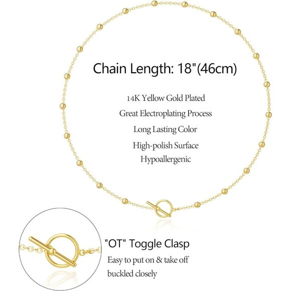 🆕 Women Gold Toggle Clasp Necklace 14K Stack T-Bar Herringbone Chain Jewelry - Picture 4 of 7